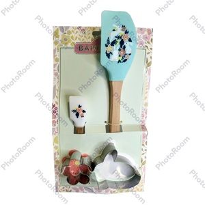 BAKESHOP Spatula Set Cookie Cutters Bunny Floral Teal New